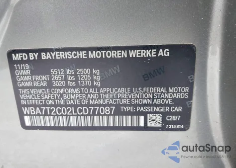 2020 BMW 740I from USA, damaged, VIN WBA7T2C02LCD77087